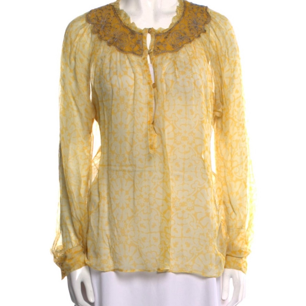 Etro Yellow Silk Sheer Peasant Blouse 44 / Large